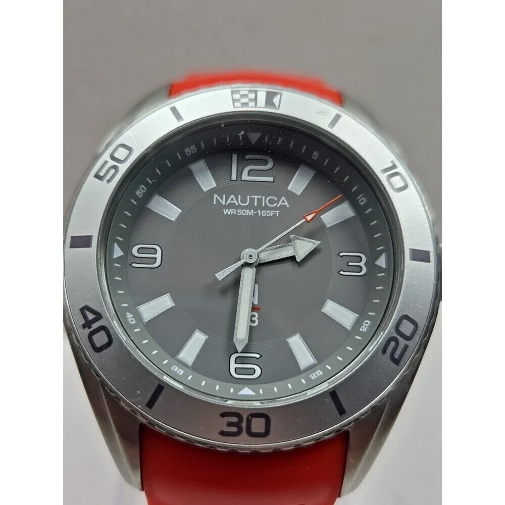 Mens Nautica N83 Finn World Watch 44mm Red Silicone Gray Quartz New Battery 50m